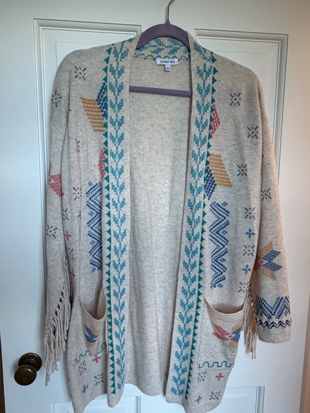 JOHNNY WAS Beige Embroidered Open-Front Sweater Cardigan size XS